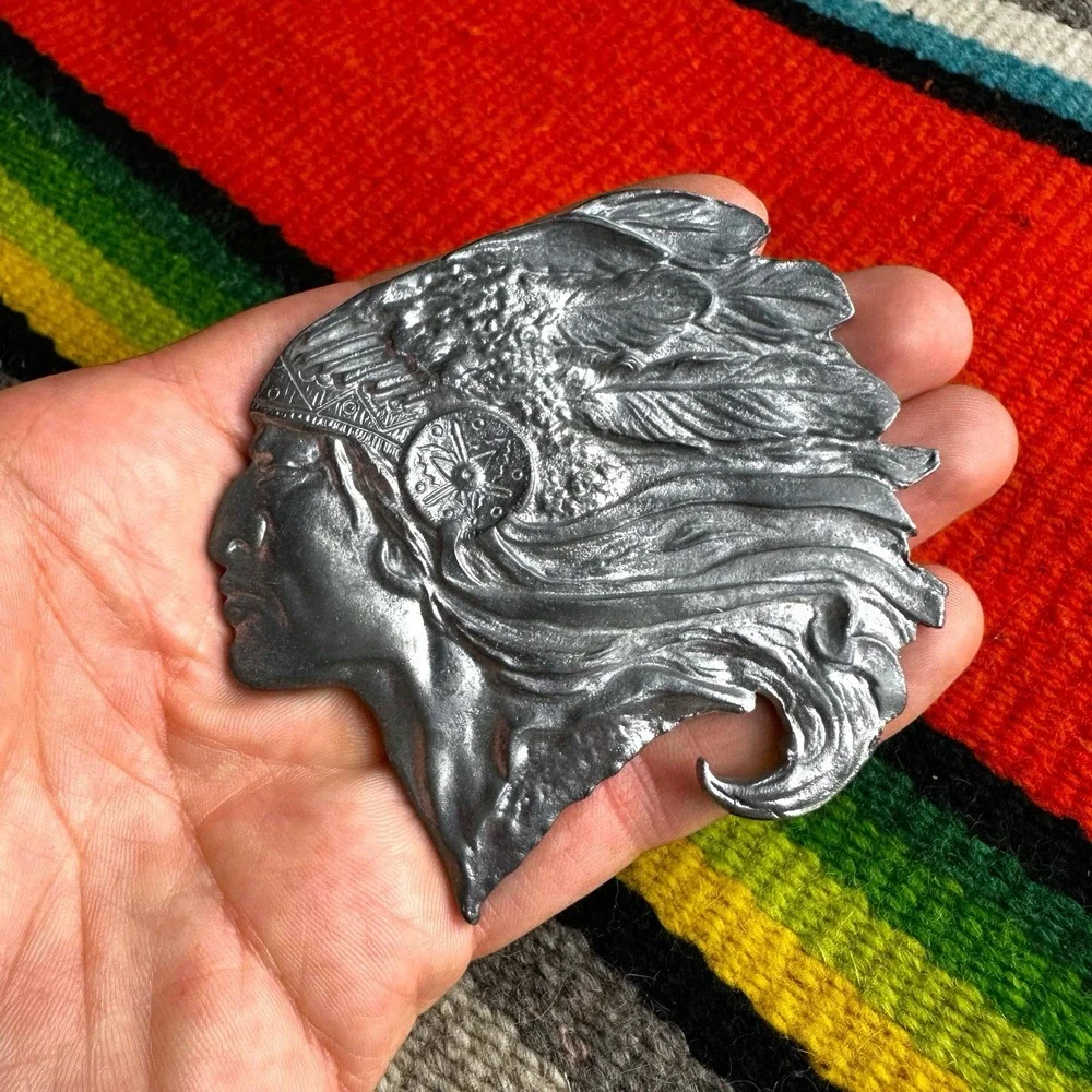 Vintage Pewter‎ Chief Pontiac Indiana Metal Craft Brass Belt Buckle 1970s C-60